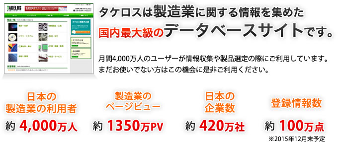 タケロスは製造業に関する情報を集めた国内最大級のデータベースサイトです。